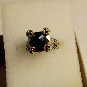 Sterling Silver (Stamped 925) Ring, Gold Overlay Accents, Black Glass Stone
